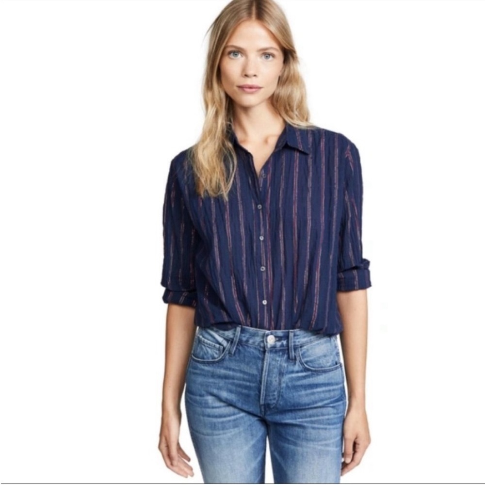XiRena Beau Metallic Lapis Navy Stripe Button Down Shirt Blouse Size Small
